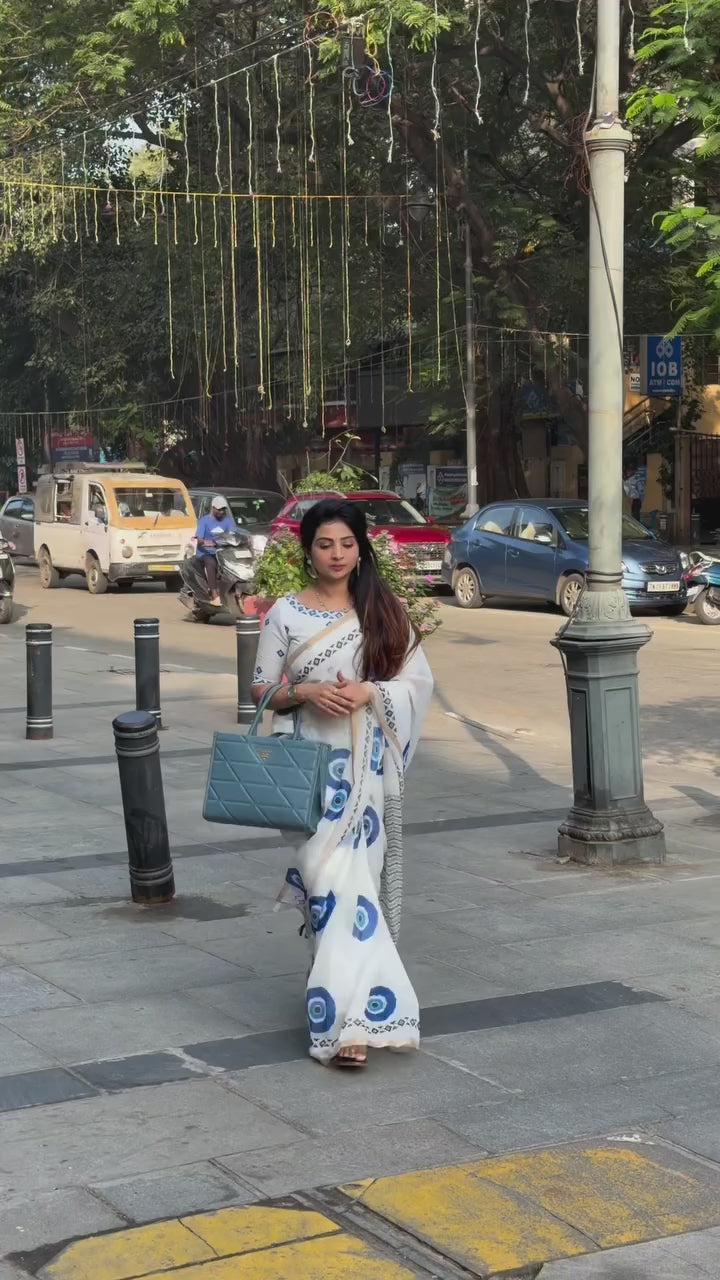 White Blue Cotton Linen Printed Saree With Blouse Piece  - Magnite (SE-1103)