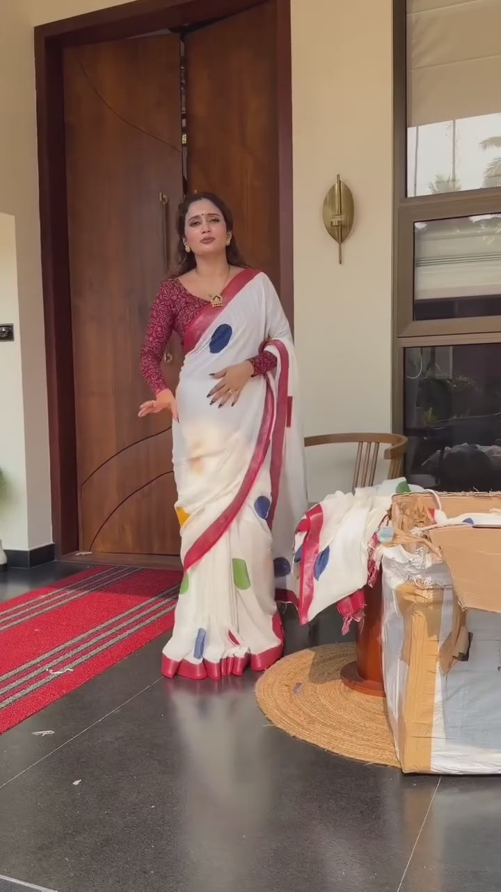 White Multicolor Polka Cotton Linen Saree with Red Border  - Magnite (SE-1110)