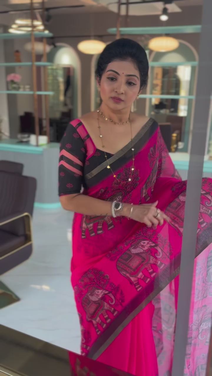 Pink Elephant Border Cotton Linen Saree with Blouse Piece by Magnite (SE-1105)