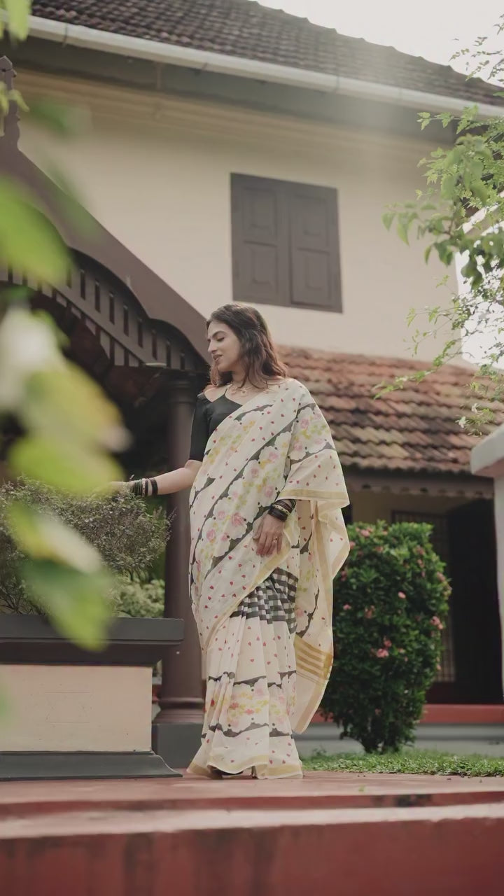 Elegant Cream Floral Printed Cotton Linen Saree with Contrast Border & Unstitched Blouse Piece for Women -Magnite (SE-1081-Cotton Lilen)