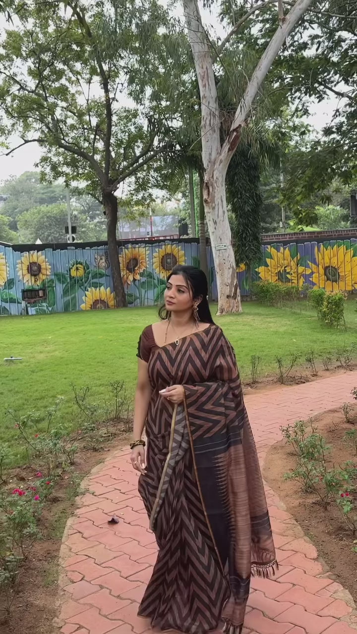 Brown Black Cotton Linen Printed Saree With Blouse Piece  - Magnite (SE-1107)