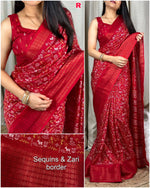 Load image into Gallery viewer, New Kalamkari Print Saree With Sequin &amp; Zari Boder &amp; Tussles in Pallu With Printed Blouse
