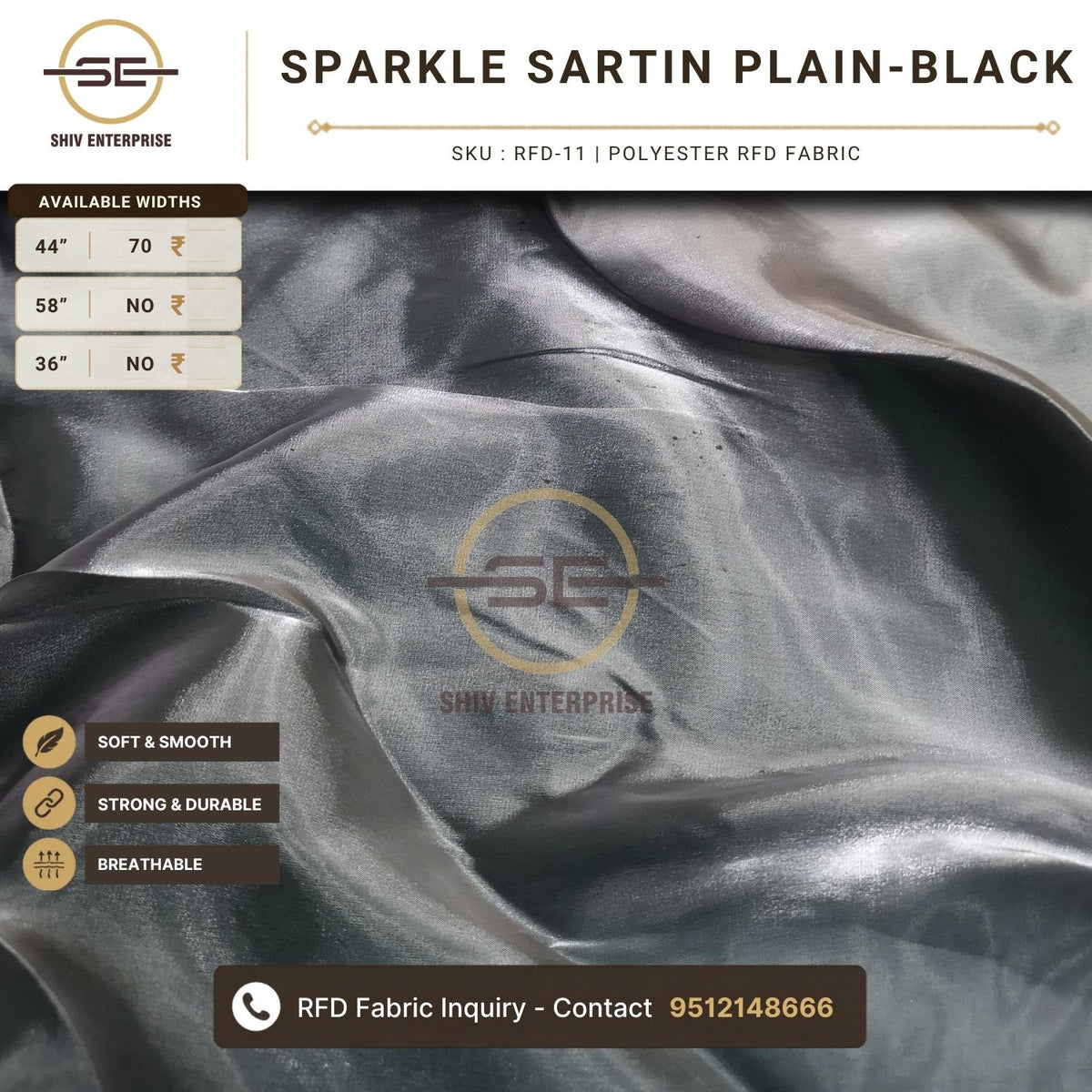 Sparkle Sartin Plain Black Polyester RFD Fabric by Shiv Enterprise