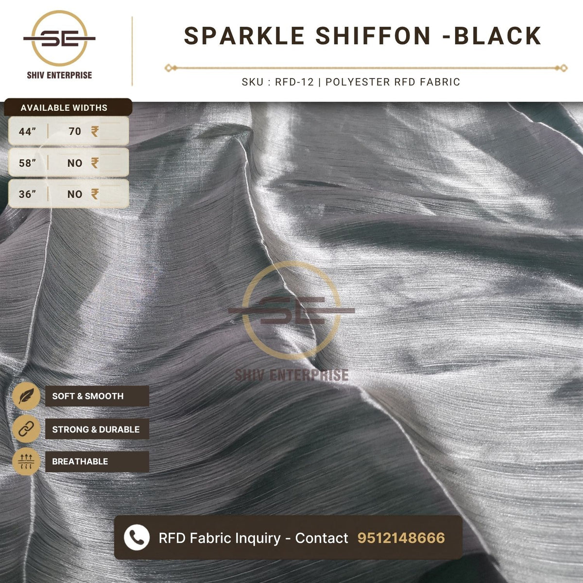 Sparkle Shiffon Black Polyester RFD Fabric by Shiv Enterprise