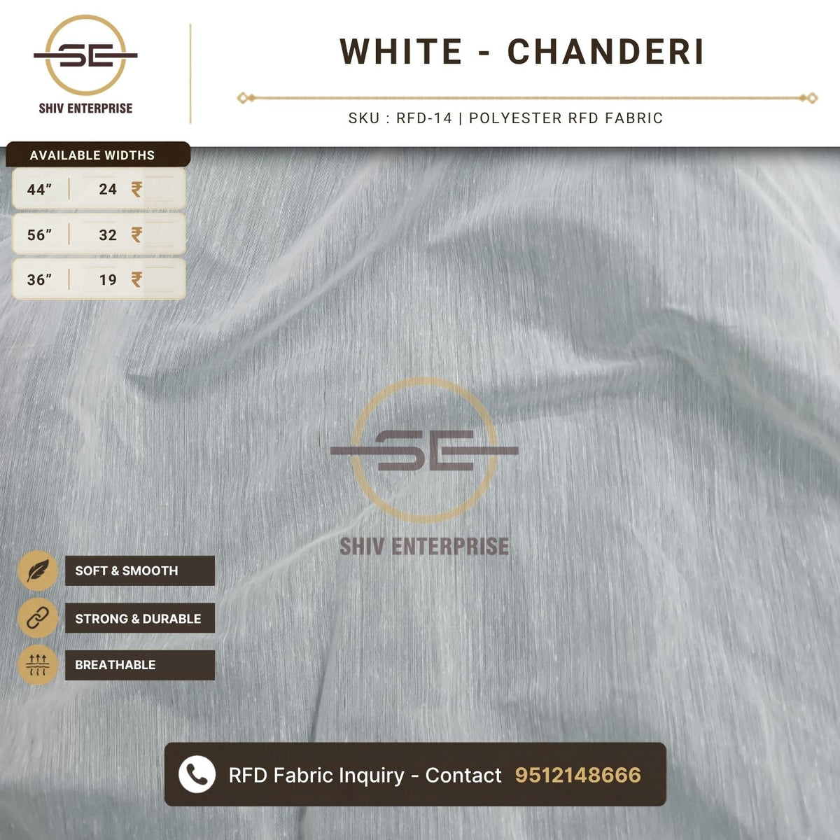 White Chanderi Polyester RFD Fabric by Shiv Enterprise