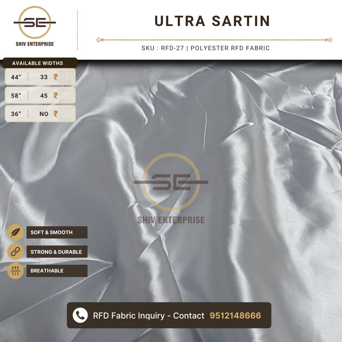 Ultra Sartin Polyester RFD Fabric by Shiv Enterprise