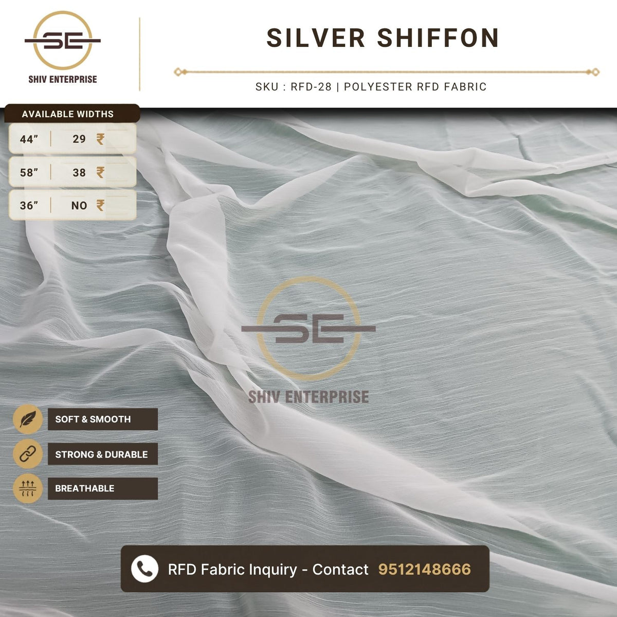 Silver Shiffon Polyester RFD Fabric by Shiv Enterprise