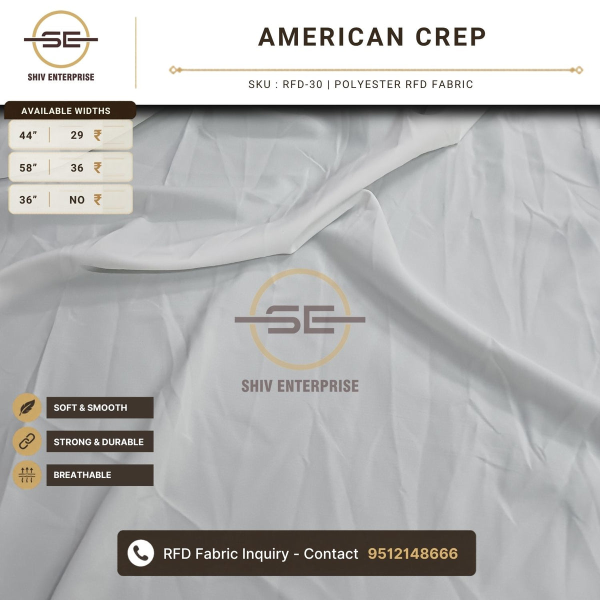 American Crep Polyester RFD Fabric by Shiv Enterprise