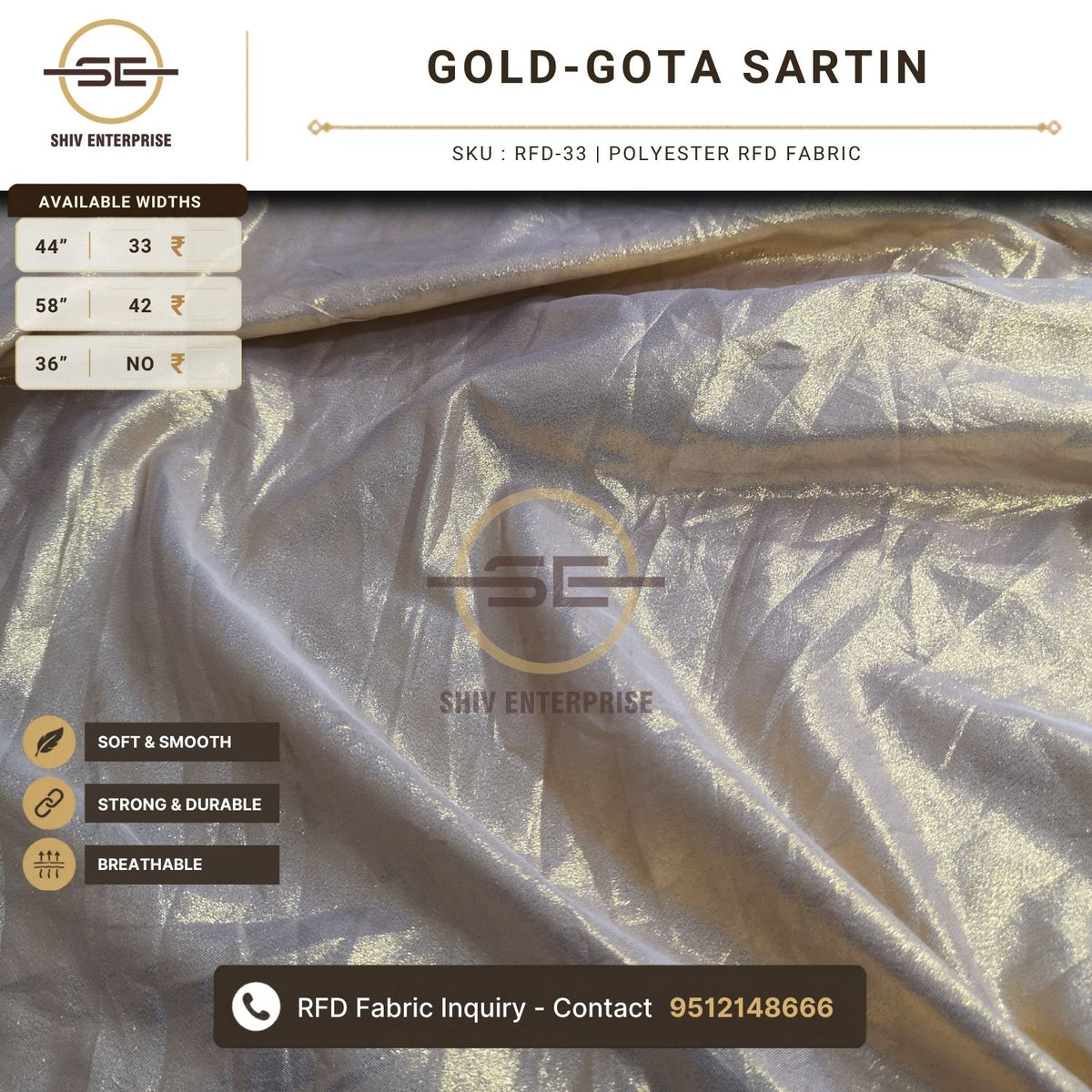 Gold Gota Sartin Polyester RFD Fabric by Shiv Enterprise