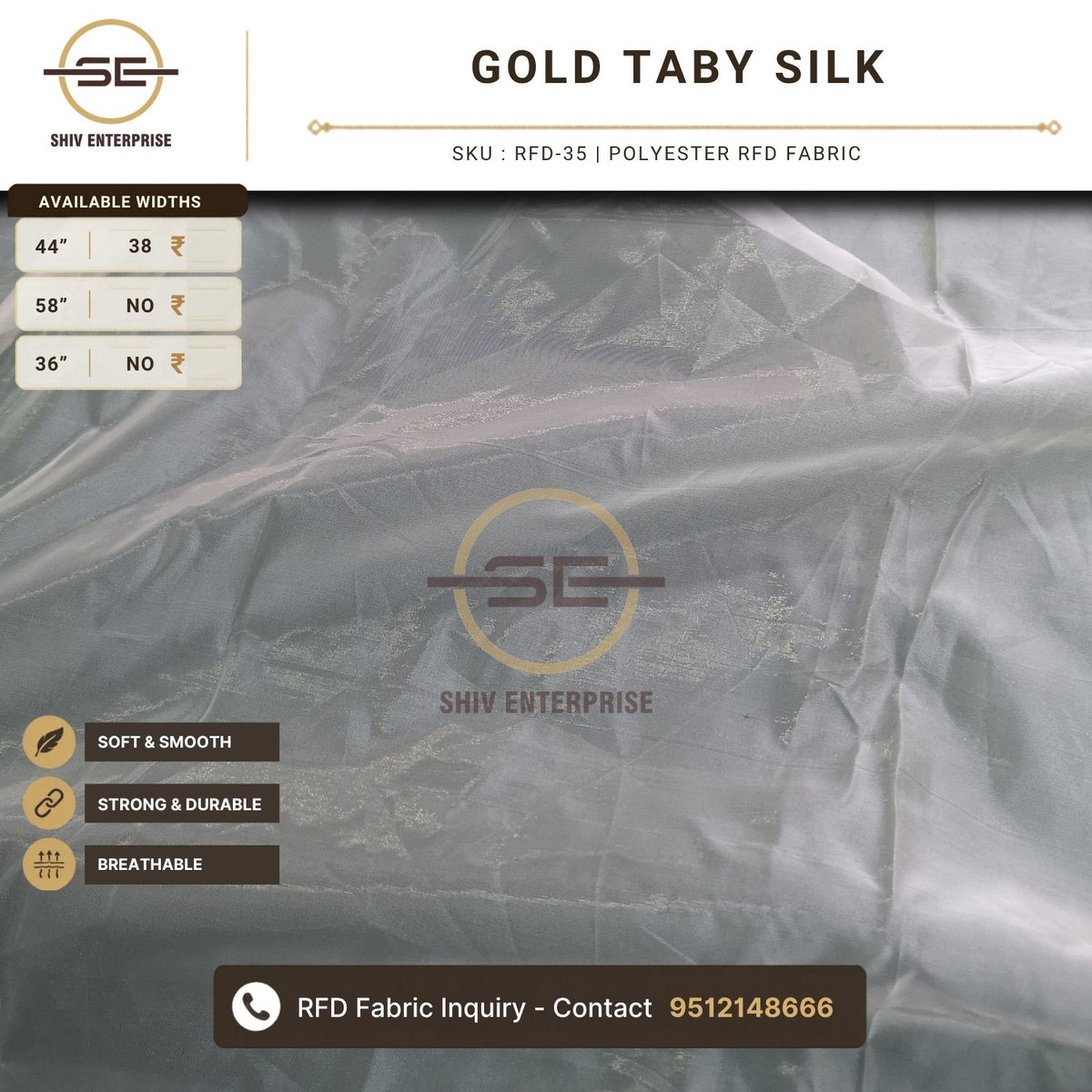 Gold Taby Silk Polyester RFD Fabric by Shiv Enterprise