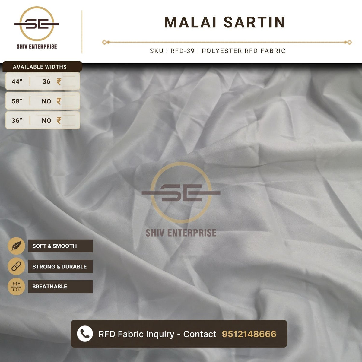 Malai Sartin Polyester RFD Fabric by Shiv Enterprise