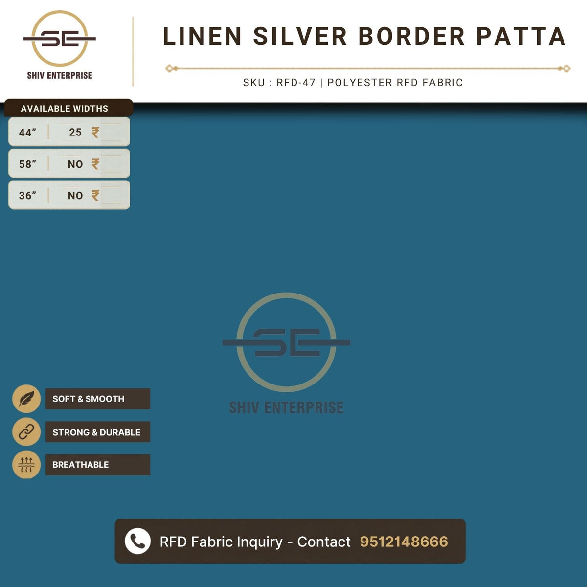 Linen Silver Border Patta Polyester RFD Fabric 44 Inch by Shiv Enterprise