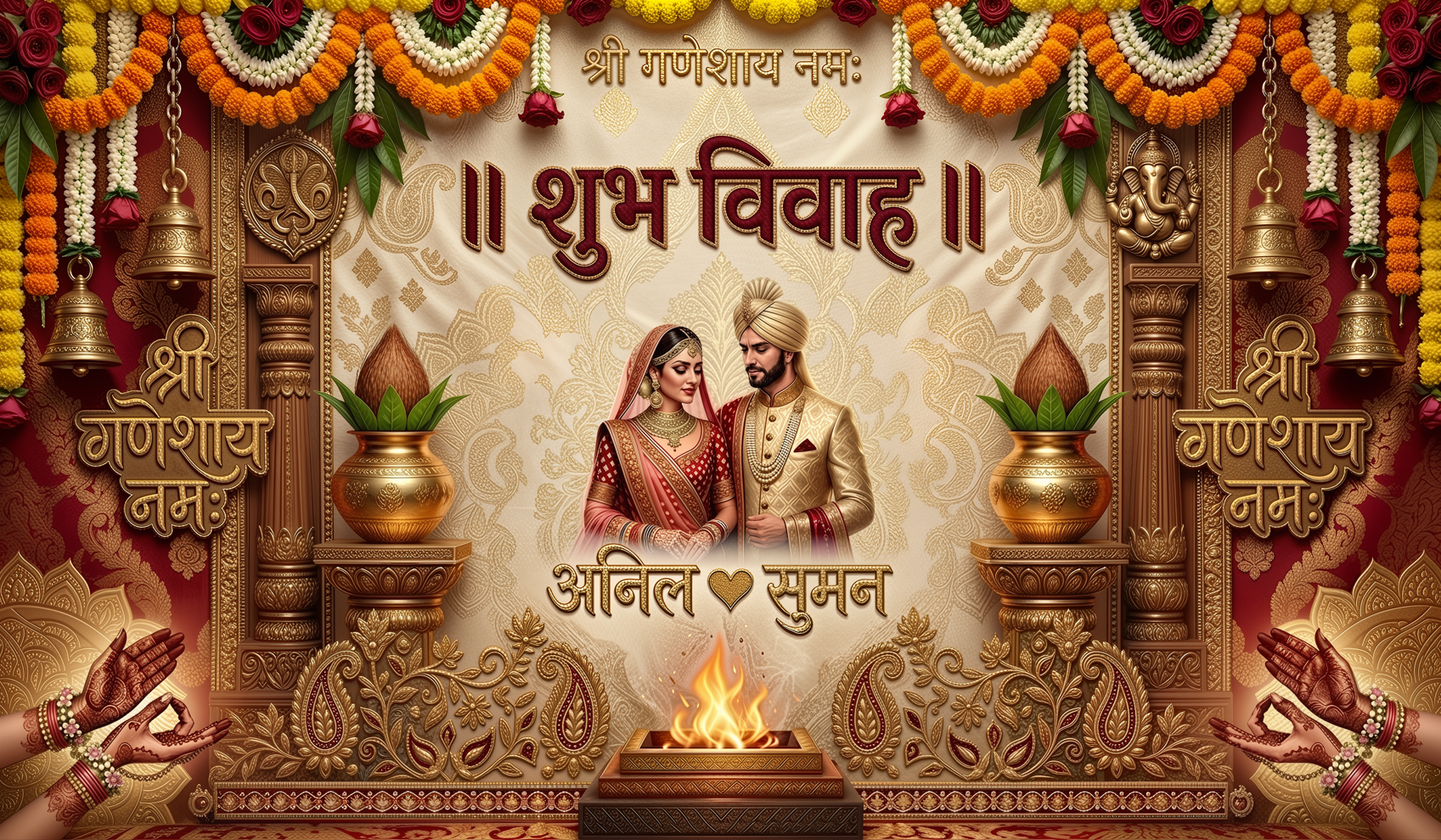 Maroon Ganesh Shubh Vivah Antarpat with Bride Groom and Havan Ceremony Design (SE-AP-103)