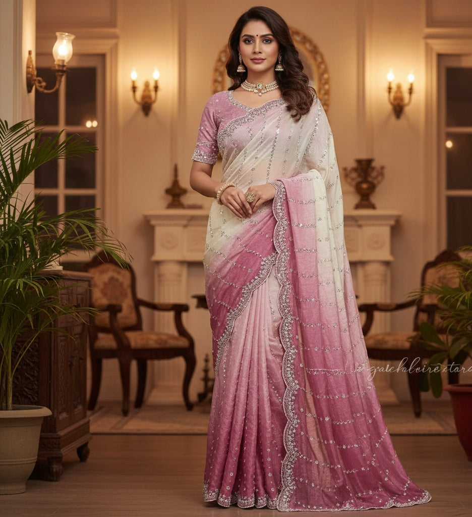 Premium Handwork Ombre Designer Saree – Soft Pink & Pearl White | Party Wear & Wedding Wear Saree by Magnite