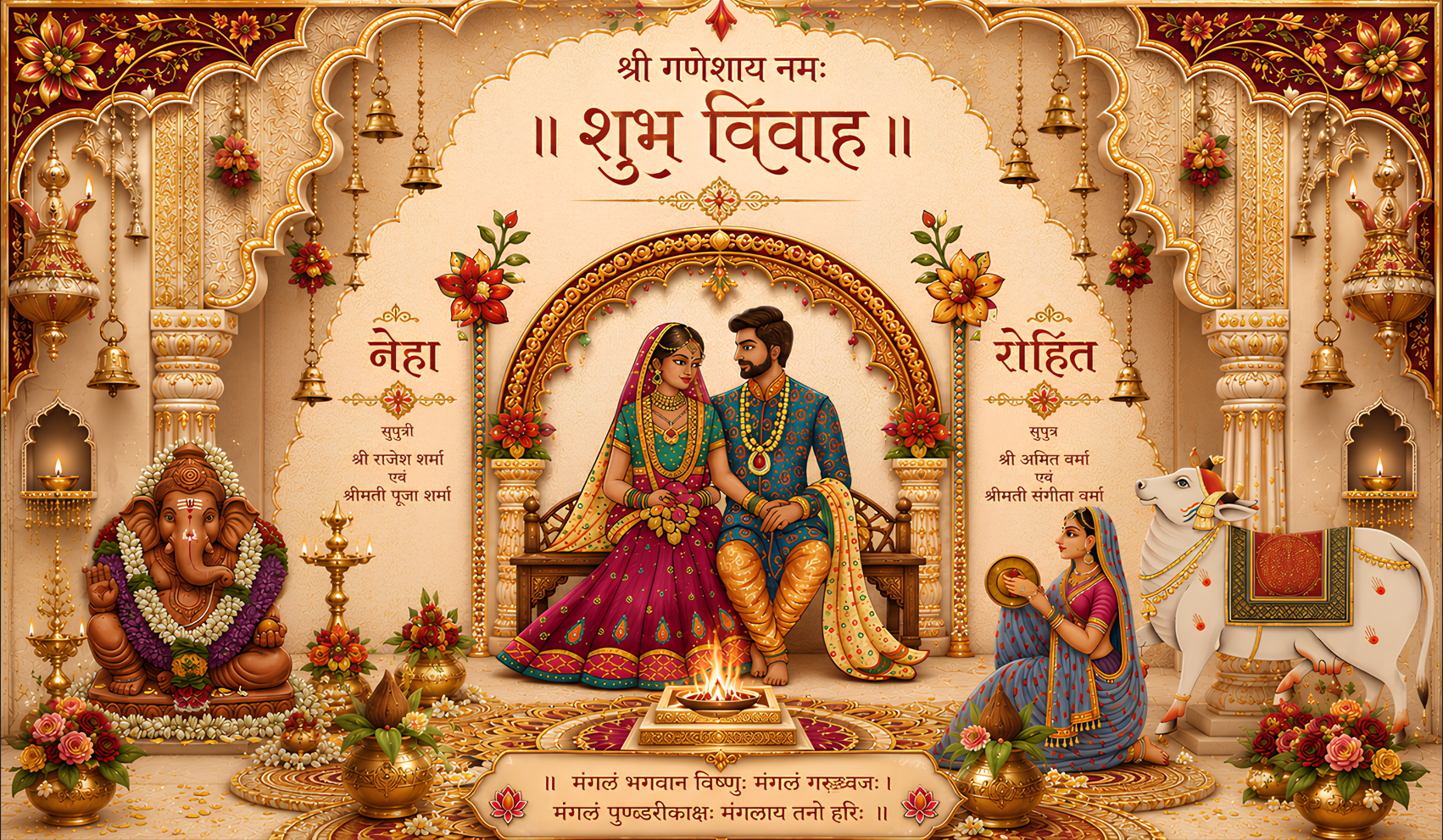 Royal Ganesh Shubh Vivah Antarpat with Bride Groom &amp; Havan Ceremony Design (SE-AP-83)