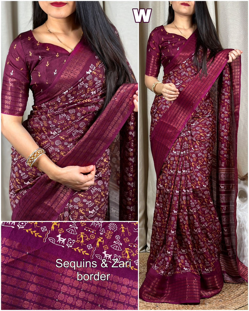 New Kalamkari Print Saree With Sequin & Zari Boder & Tussles in Pallu With Printed Blouse